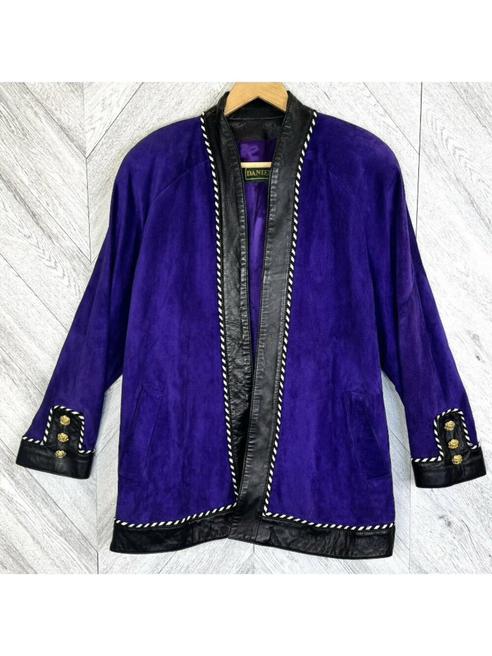 Vintage 90s Danier Purple Leather Suede Jacket Coat Womens Large Gold Buttons